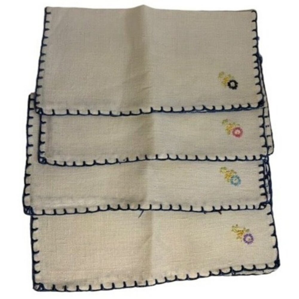Vintage Hand Embroidered Floral Napkin Set 4 Blue Trim 10.5" Lovely Accents